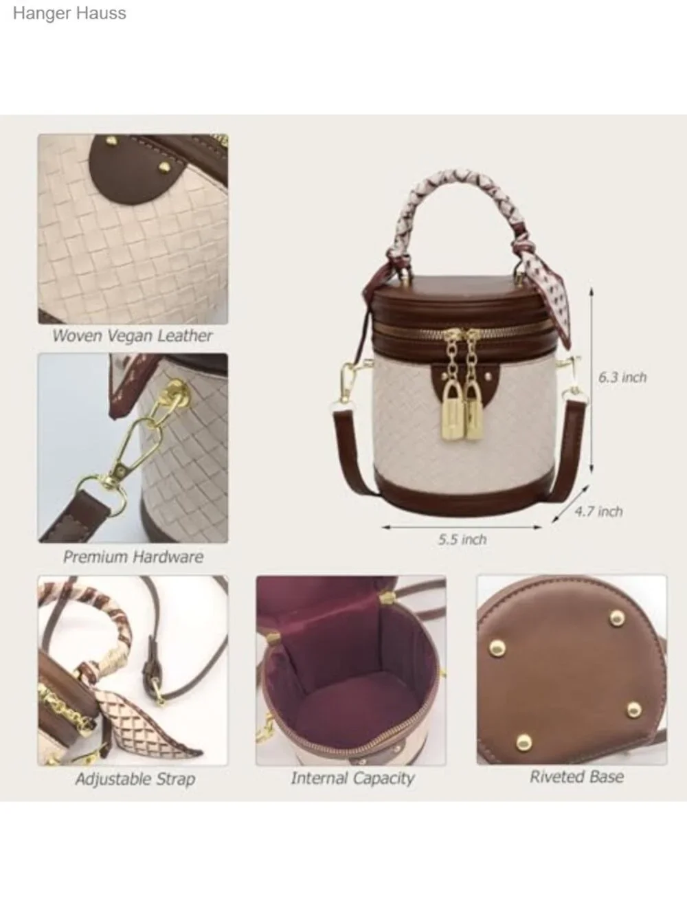 Mini Bucket Crossbody Bag Vegan Leather Woven Handbag Purse Adjustable Strap